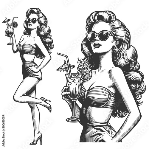 1950s pin-up girl sipping a drink from a coconut, summer vibes and retro charm sketch engraving generative ai fictional character vector illustration. Scratch board imitation. Black and white image.