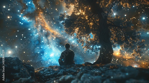 A man sitting under a tree gazing at the stars. Suitable for nature and contemplation themes #800649201