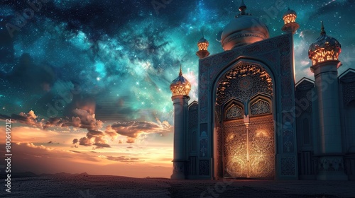 Islamic Ramadan greetings with ornamental door and galaxy sky background photo