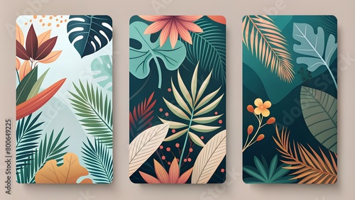 These three panels feature rich, vibrant illustrations of tropical leaves and flowers in a pleasing earthy color palette, perfect for a natural touch