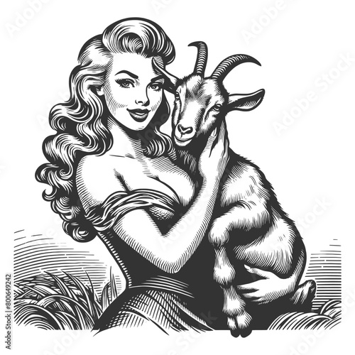 woman affectionately holding a goat, blending beauty with rustic charm sketch engraving generative ai fictional character vector illustration. Scratch board imitation. Black and white image.