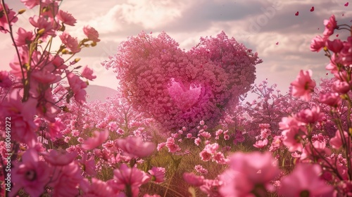 In a sea of pink flowers, a huge heart rises, and the atmosphere of Valentine's Day permeates the air, in the Rococo style, UHD, high quality