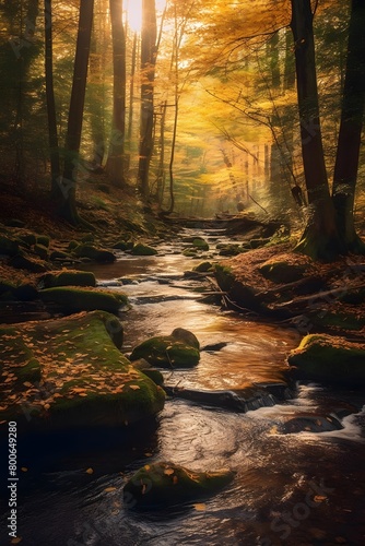 Autumn scene with a river flowing through the forest. Beautiful nature background.