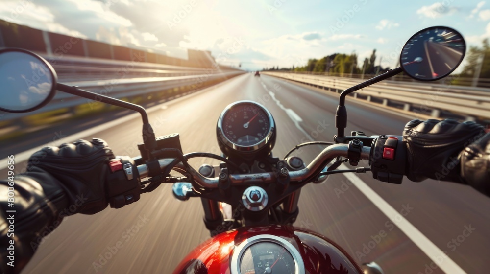 Obraz premium Person riding a motorcycle on a highway, suitable for travel concepts