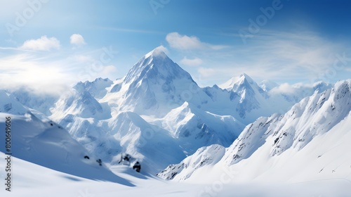 Panoramic view of the snowy mountains. Caucasus, Russia. © I