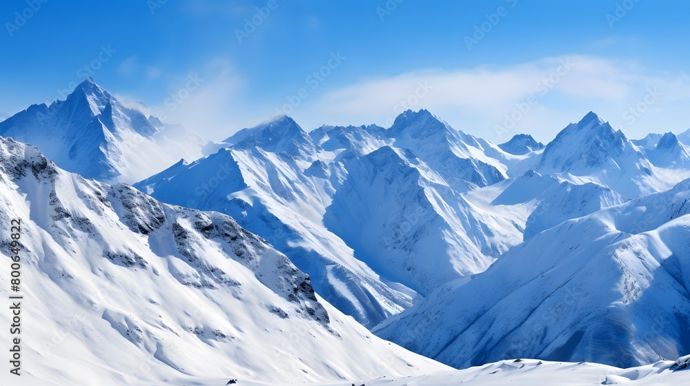 Panoramic view of snow covered mountains in winter, Caucasus, Georgia