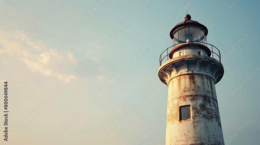 A white lighthouse with a red top against a blue sky. Ideal for travel and navigation concepts