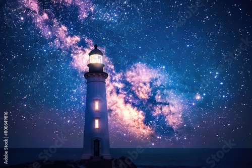 A picturesque lighthouse with a stunning starry sky background. Perfect for travel and nature themes