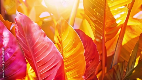 trendy summer Bali style floral patter background , colorful leaves palm shape art video wallpaper. Summer colors botanical tropical leaves ,sun light and shadows, pink, yellow lea . photo