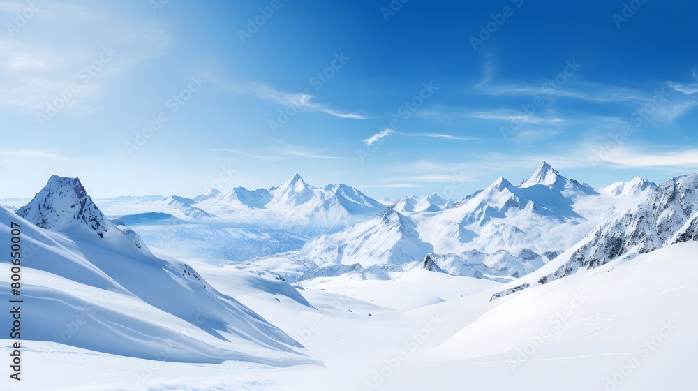 Winter mountains panorama with snowdrifts and blue sky with clouds