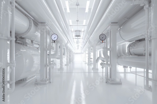 industrial interior facility pipes running through a white minimalist factory hall and a high tech pressure meter  
