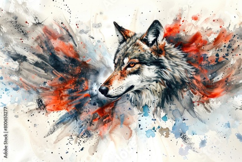 A painting of a wolf with vibrant red and blue paint splatters. Suitable for artistic projects or wildlife themes