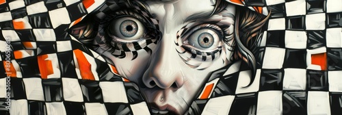A weird scene of a face with angry shocked eyes in a checkered world and envrionment in the style of abstract cubism.