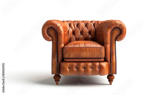 A Chesterfield chair upholstered in soft and supple leather, inviting you to sink in and unwind, isolated on solid white background. photo