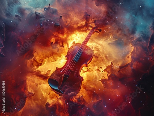 violin lying within a fiery environment, surrounded by flames and smoke.