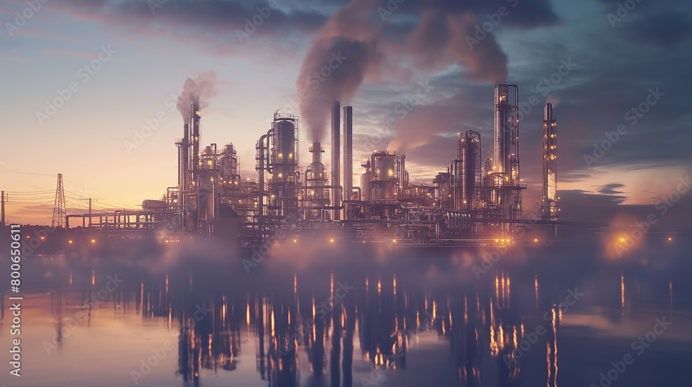  An Industrial Complex Emitting Smoke At Twilight, Mirrored In Water
