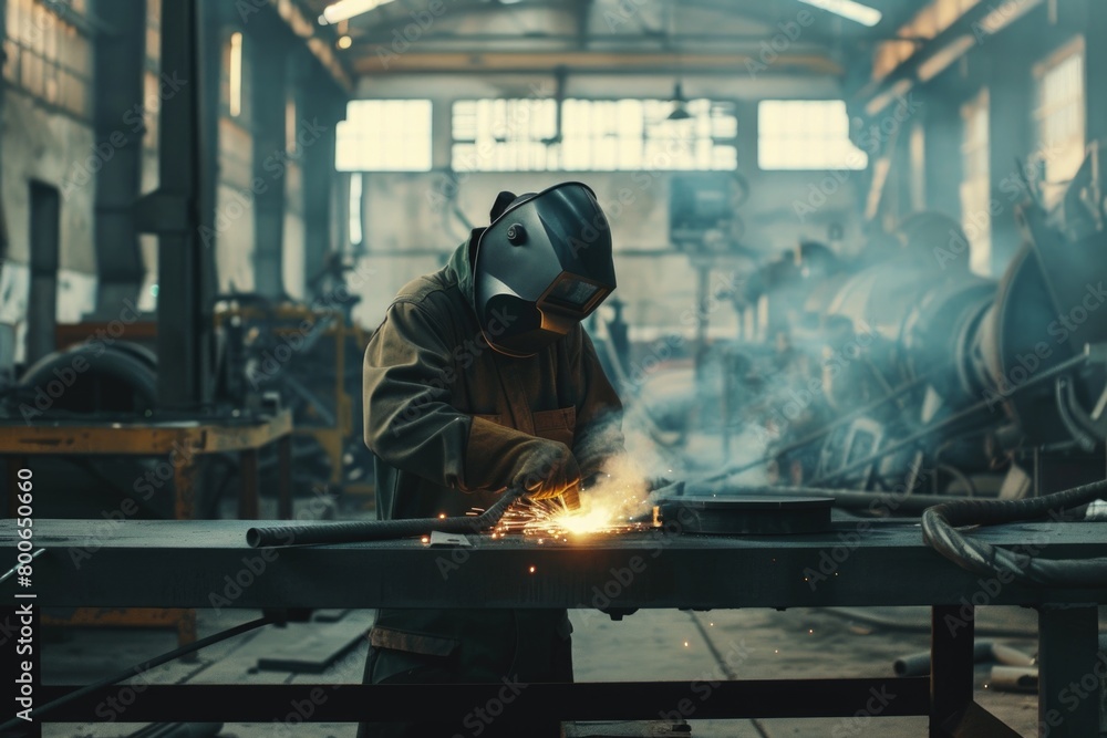 A man in a welding helmet working on a piece of metal. Suitable for industrial concepts A man in a welding helmet working on a piece of metal. Suitable for industrial concepts