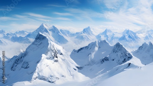 Panoramic view of winter mountains and blue sky with clouds.
