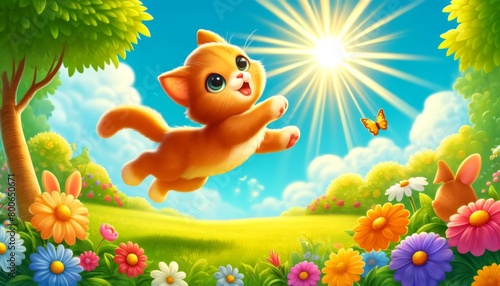 An adorable orange kitten leaps joyfully among vibrant flowers in a bright, sunlit field.