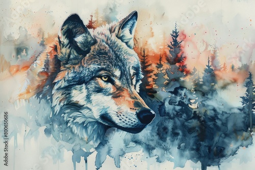 A realistic painting of a wolf in a forest. Suitable for nature themes