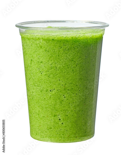 take away cup of green spinach and banana smoothie