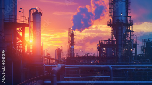 Sunset Glow On Industrial Landscape With Flaring Stacks