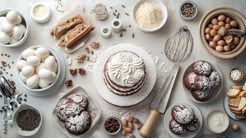 cakes, professional baking equipment and ingredients in a bakery kitchen setting, top and flat view cakes, professional baking equipment and ingredients in a bakery kitchen setting, top and flat view
