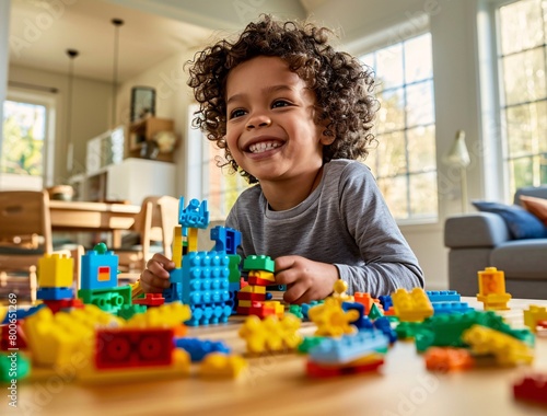 A happy child playing with blocks in the living room