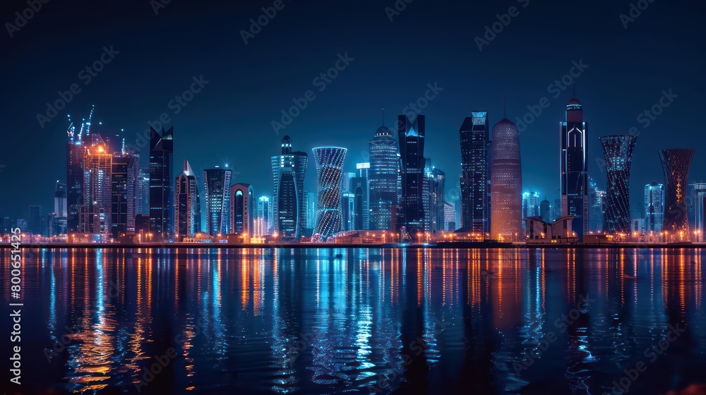 realistic cityscape at night in a sunset scenery with beautiful reflections in orange, dark blue and black colors realistic cityscape at night in a sunset scenery with beautiful reflections in orange, dark blue and black colors
