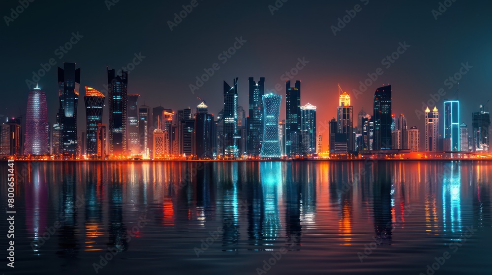 Fototapeta premium realistic cityscape at night in a sunset scenery with beautiful reflections in orange, dark blue and black colors