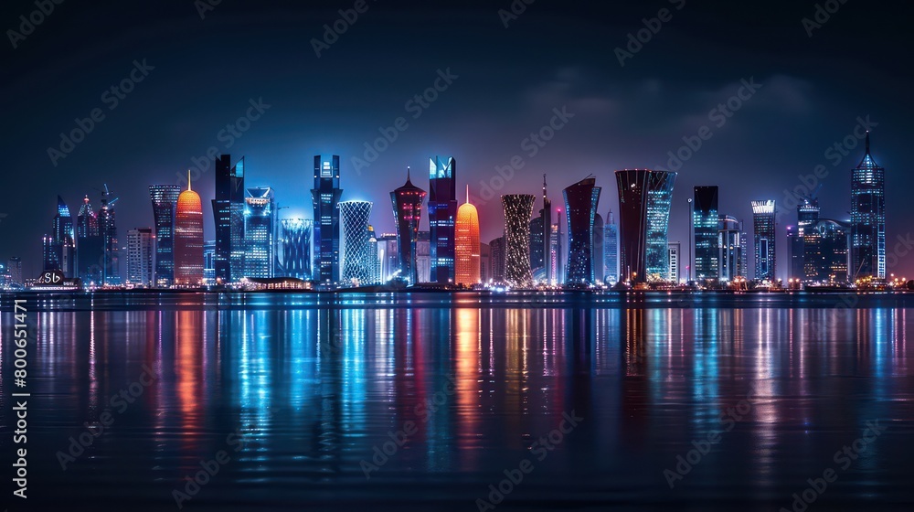 realistic cityscape at night in a sunset scenery with beautiful reflections in orange, dark blue and black colors