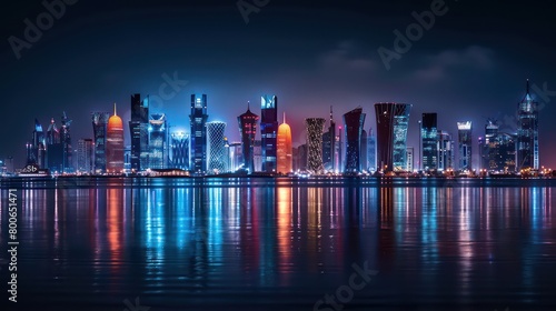 realistic cityscape at night in a sunset scenery with beautiful reflections in orange  dark blue and black colors