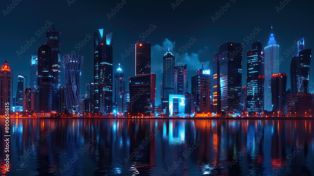Fototapeta premium realistic cityscape at night in a sunset scenery with beautiful reflections in orange, dark blue and black colors