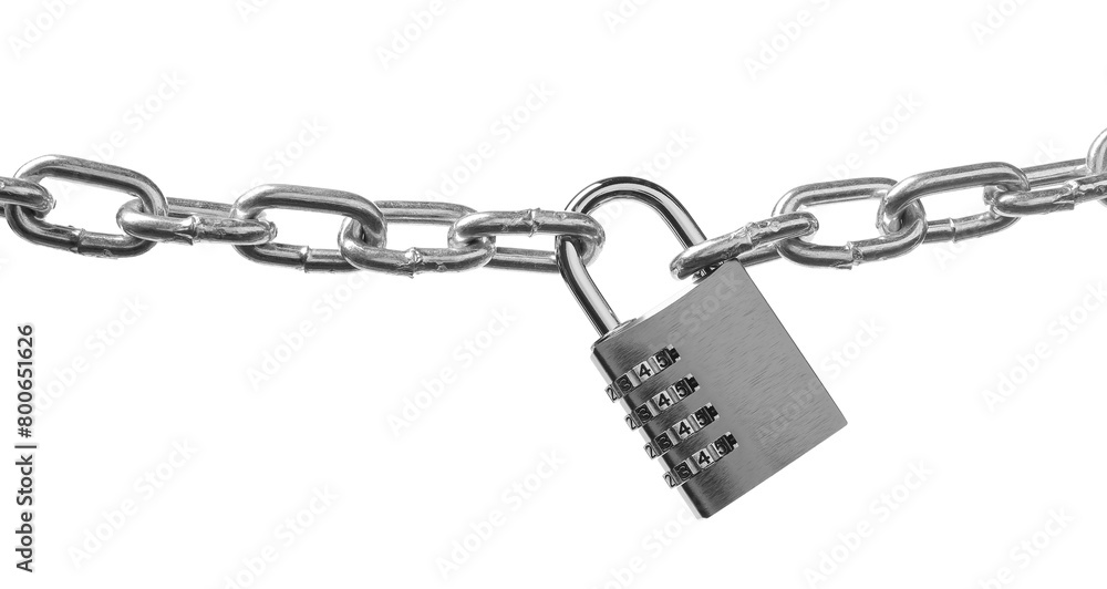 Steel combination padlock and chain isolated on white Steel combination padlock and chain isolated on white