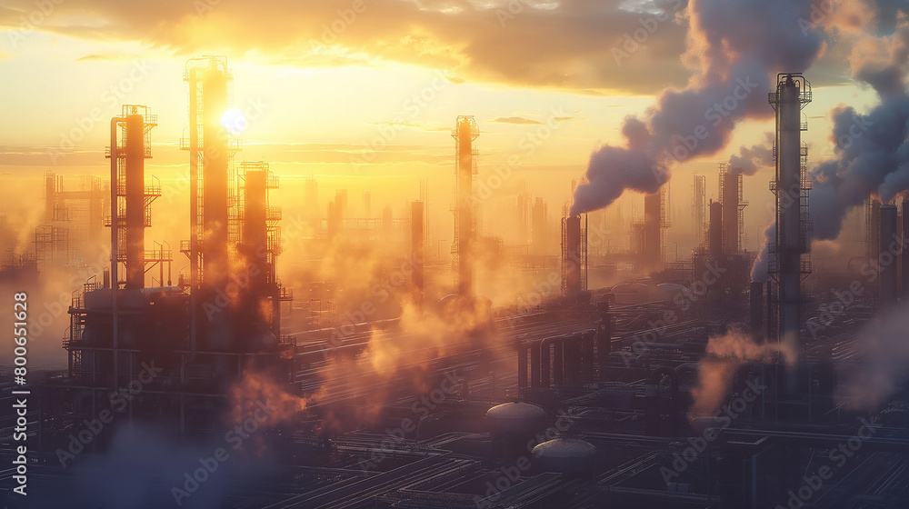 Sunrise Over Smoking Towers In Industrial Complex