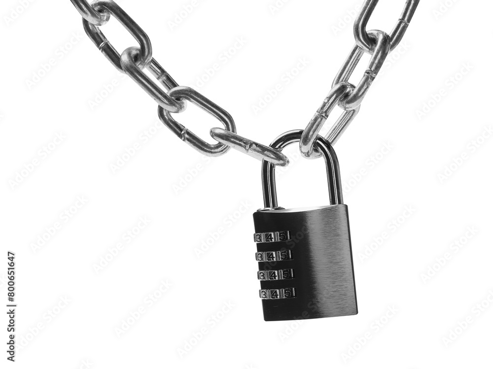 Steel combination padlock and chain isolated on white Steel combination padlock and chain isolated on white