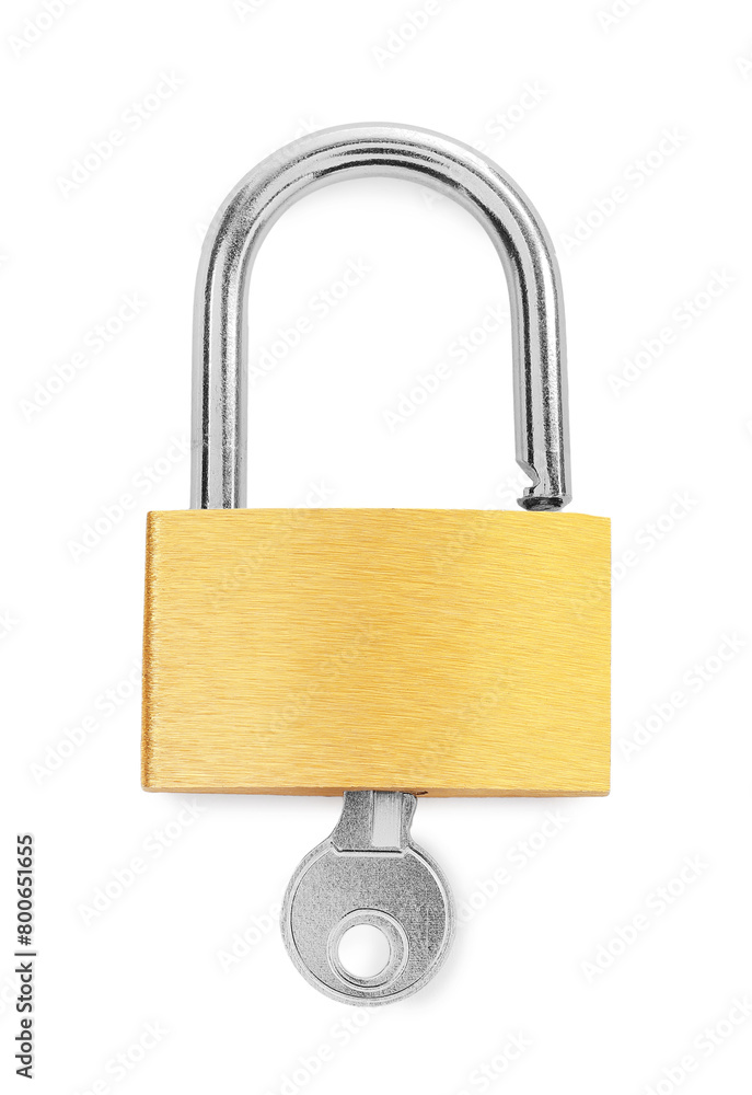 Steel padlock and key isolated on white, top view