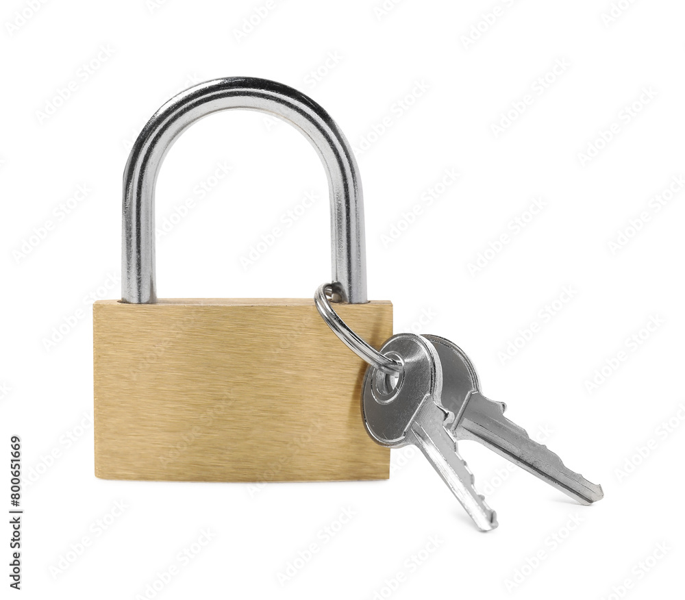 Steel padlock and keys isolated on white Steel padlock and keys isolated on white