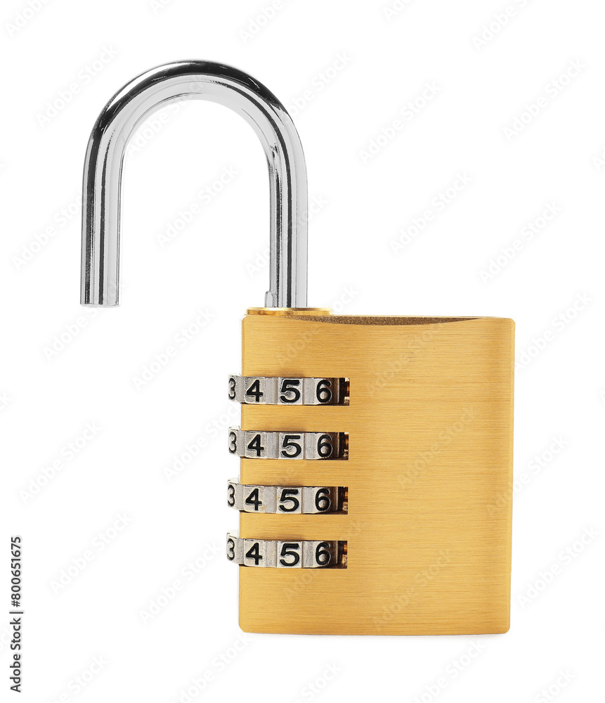 Unlocked steel combination padlock isolated on white Unlocked steel combination padlock isolated on white