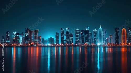 realistic cityscape at night in a sunset scenery with beautiful reflections in orange  dark blue and black colors