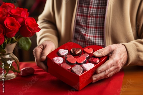in a retirement home for Valentine's Day, a 80-year-old man gives a 80-year-old woman a box of chocolates as a gift
