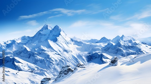 Beautiful winter panorama with snow-capped mountains and blue sky © I