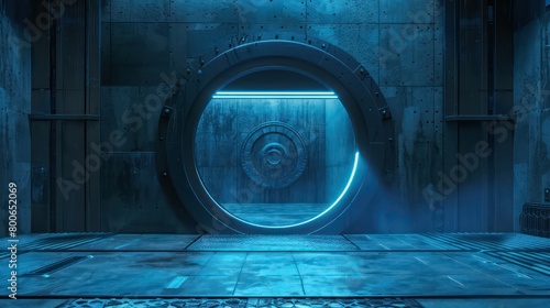 design of a frontal view of a round door in a cyberpunk , sci fi interior scene in dark and neon blue color scheme photo