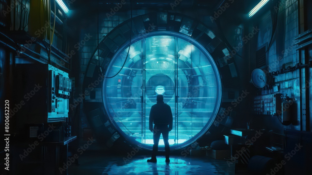 design of a frontal view of a round door in a cyberpunk , sci fi interior scene in dark and neon blue color scheme design of a frontal view of a round door in a cyberpunk , sci fi interior scene in dark and neon blue color scheme