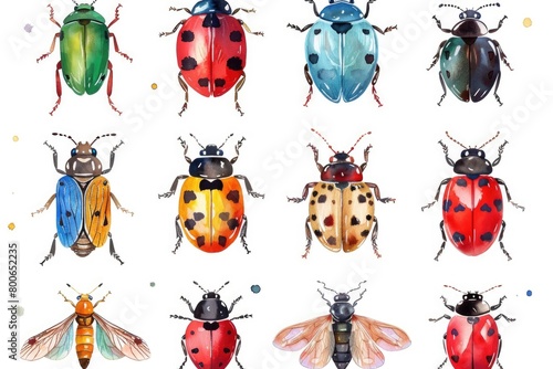 Various colored bugs on a plain white backdrop. Suitable for educational materials or insect-related content © Fotograf