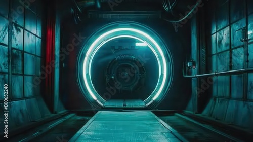 design of a frontal view of a round door in a cyberpunk , sci fi interior scene in dark and neon blue color scheme