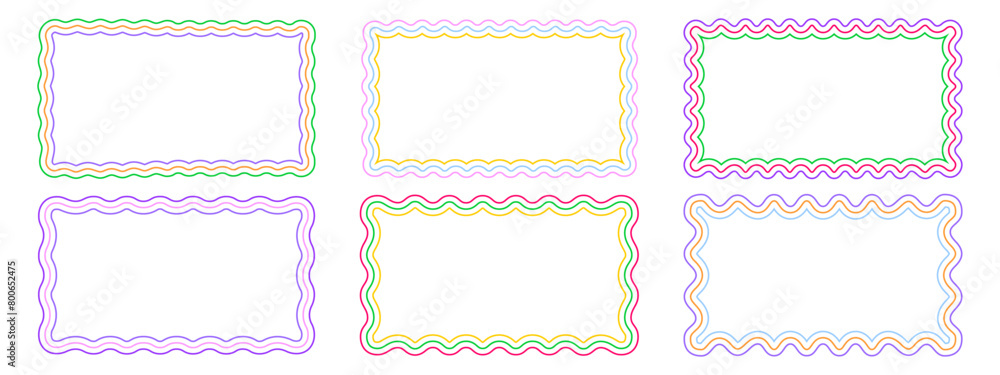 Set of colorful rectangle frames with wiggly edges. Rectangular shapes with wavy borders. Mirror, picture or photo vignettes, empty text boxes, tags or labels design elements. Vector illustration. Set of colorful rectangle frames with wiggly edges. Rectangular shapes with wavy borders. Mirror, picture or photo vignettes, empty text boxes, tags or labels design elements. Vector illustration.