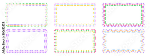 Set of colorful rectangle frames with wiggly edges. Rectangular shapes with wavy borders. Mirror, picture or photo vignettes, empty text boxes, tags or labels design elements. Vector illustration.