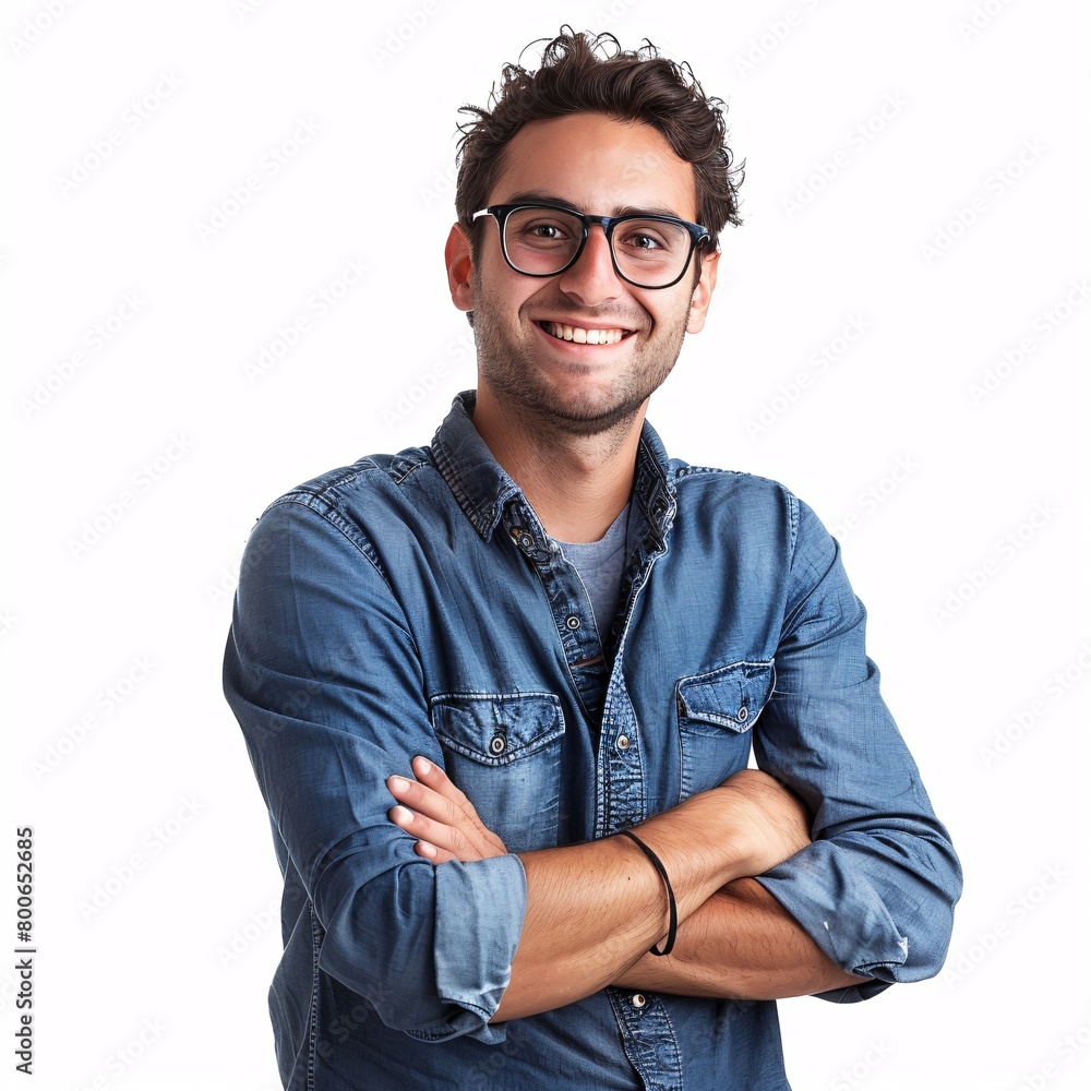 a young man in a blue shirt and glasses with his arms crossed on a white background a young man in a blue shirt and glasses with his arms crossed on a white background