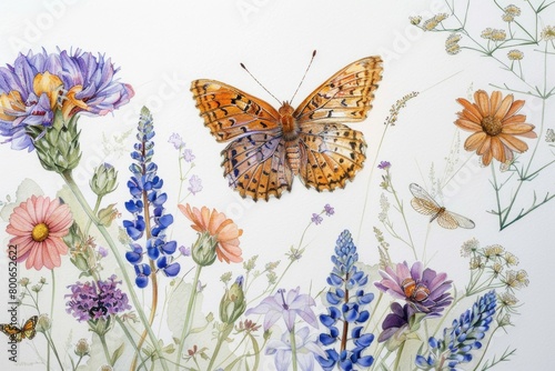 Beautiful painting of a butterfly and flowers on a white background. Perfect for home decor or nature-themed designs